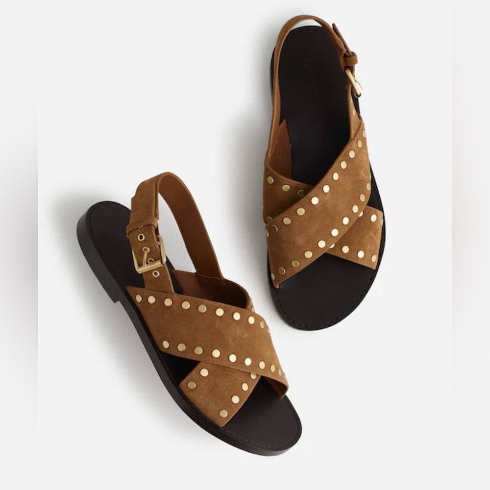 Madewell The Tuley Crossover Suede Tan Sandals, Flats, Gold Studded, Size 6